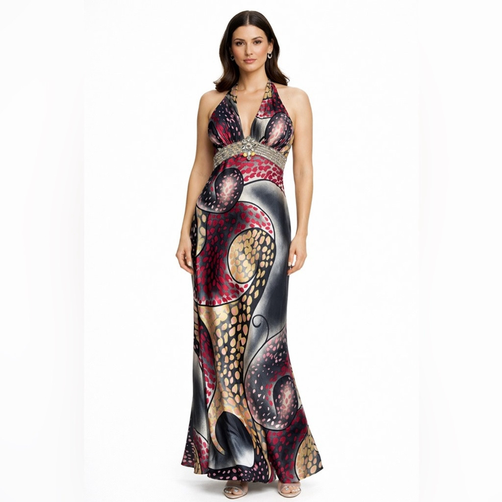 Unique Embellished Halter Maxi Dress XS Y2K Glam Resort Gown